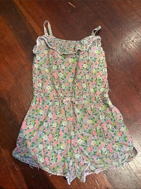 Boden Pink & Green Floral Pom-Trim Romper